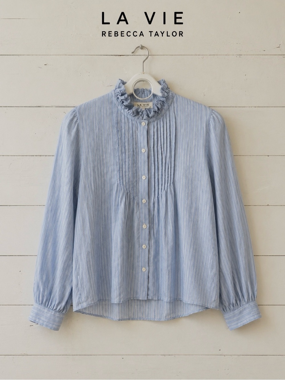 LA VIE REBECCA TAYLOR Blue White Striped Ruffle Neck Blouse L